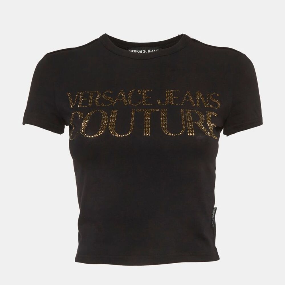Versace Jeans Couture Black Logo Embellished Cotton Crop Top S
